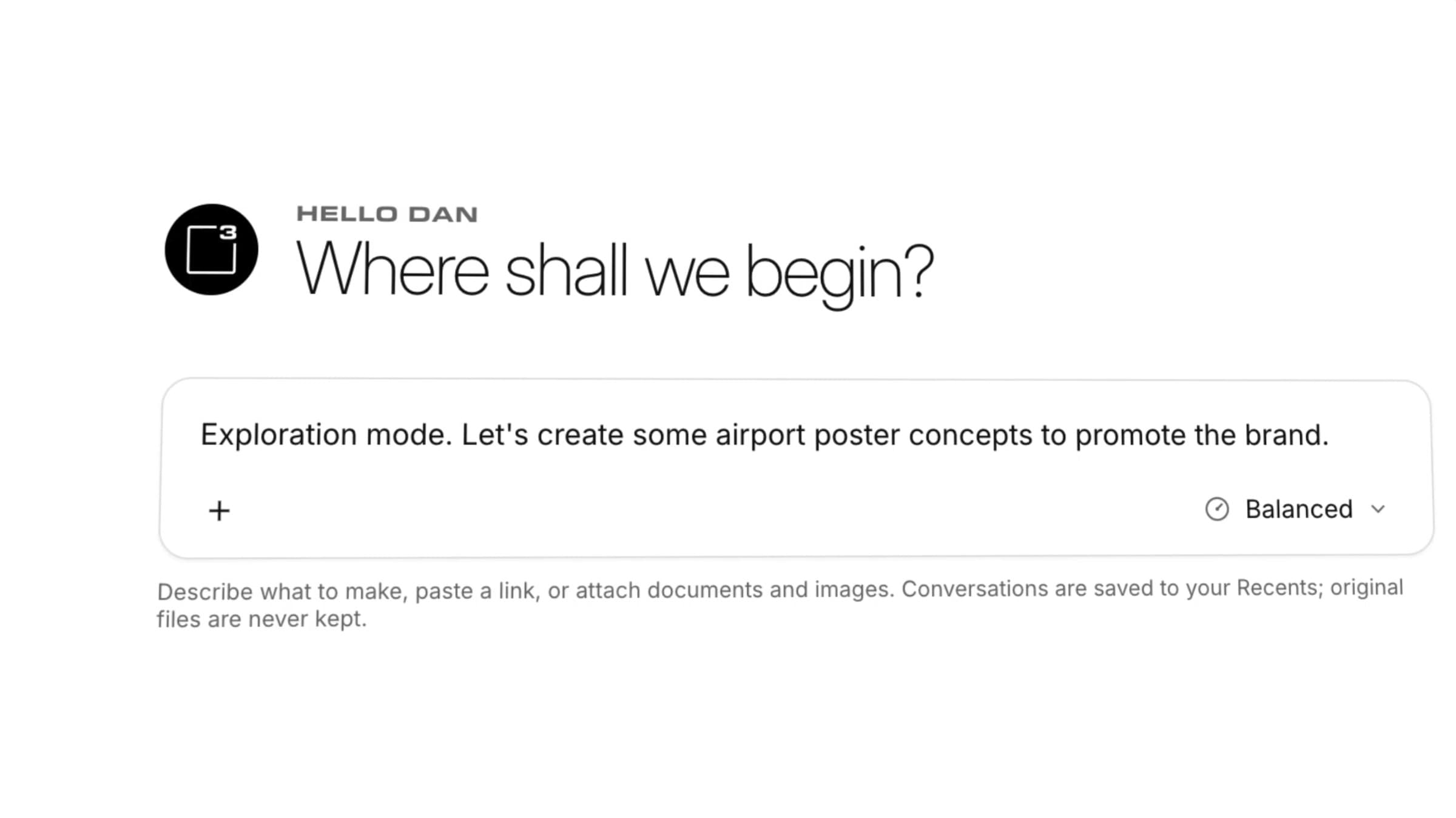 The Arcroyd composer in Exploration mode: 'Let's create some airport poster concepts to promote the brand.'