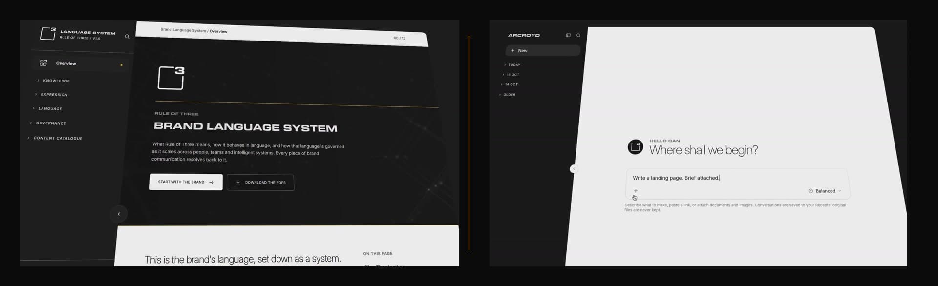 Two screens side by side. On the left, the Brand Language System overview. On the right, Arcroyd, with the prompt "Write a landing page. Brief attached."