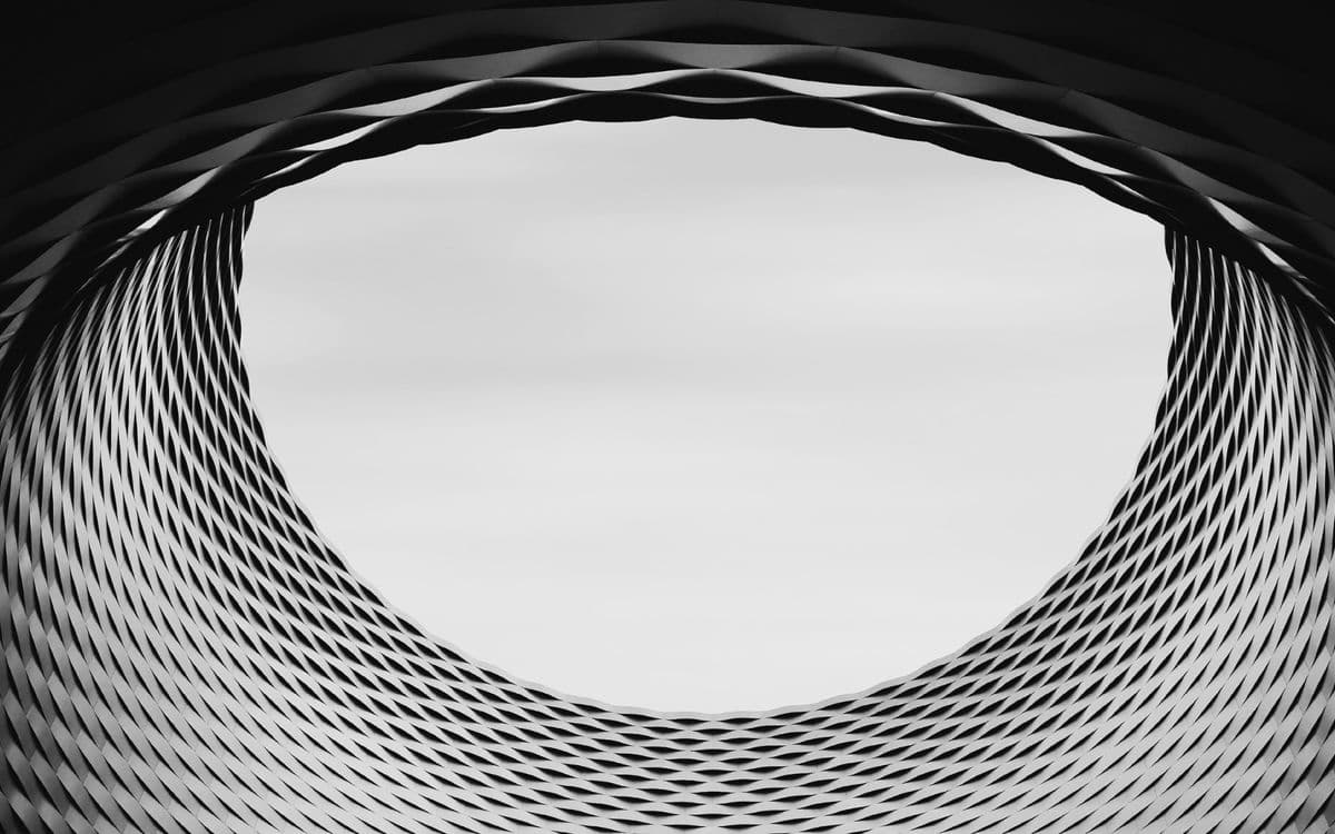An oval opening in a woven facade, looking up at the sky