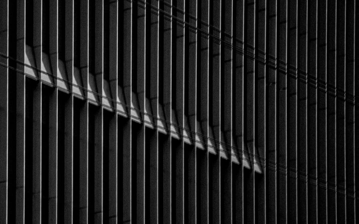 Close vertical fins along a dark facade